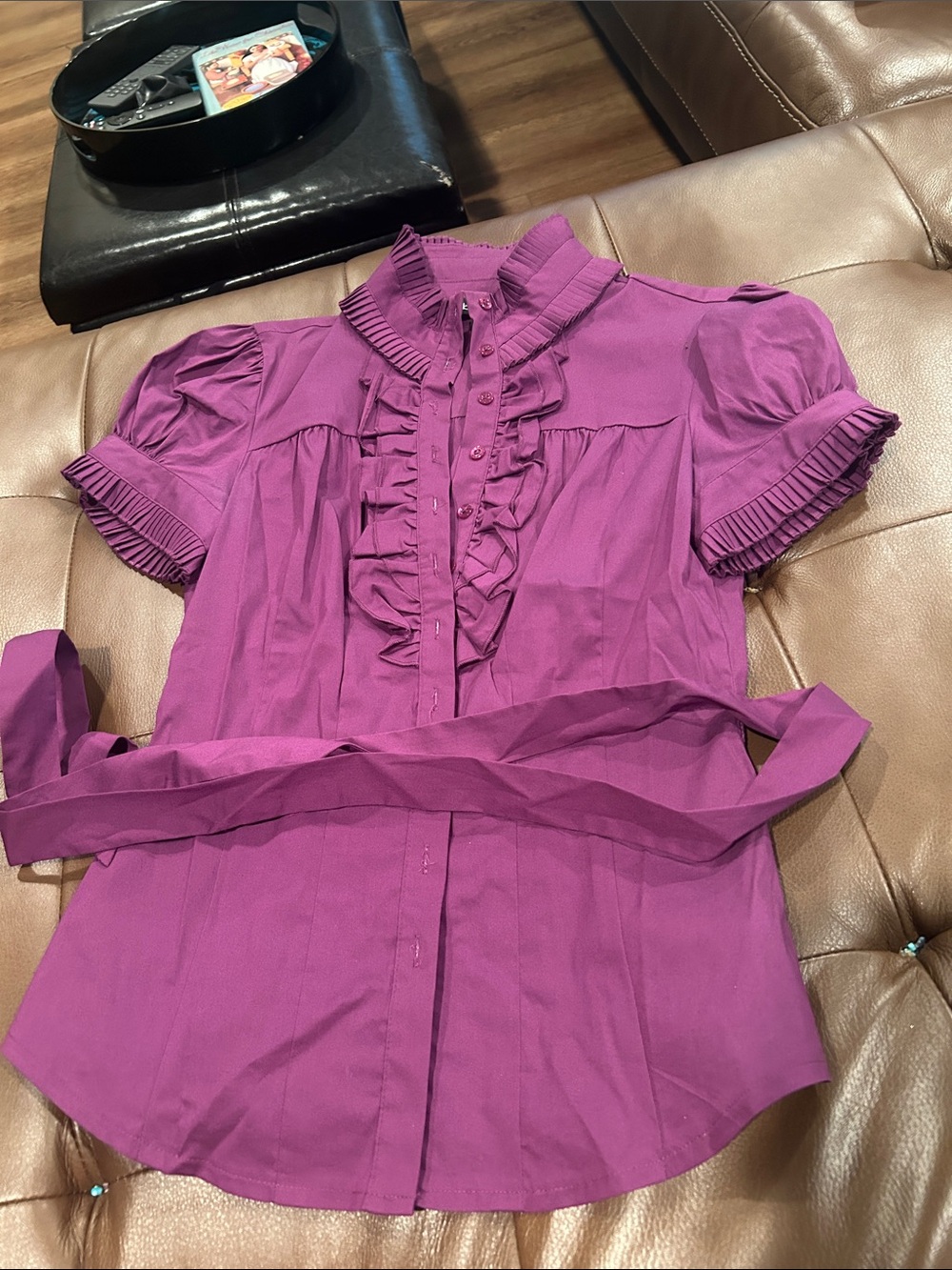bebe Purple Ruffled Short-Sleeve Blouse